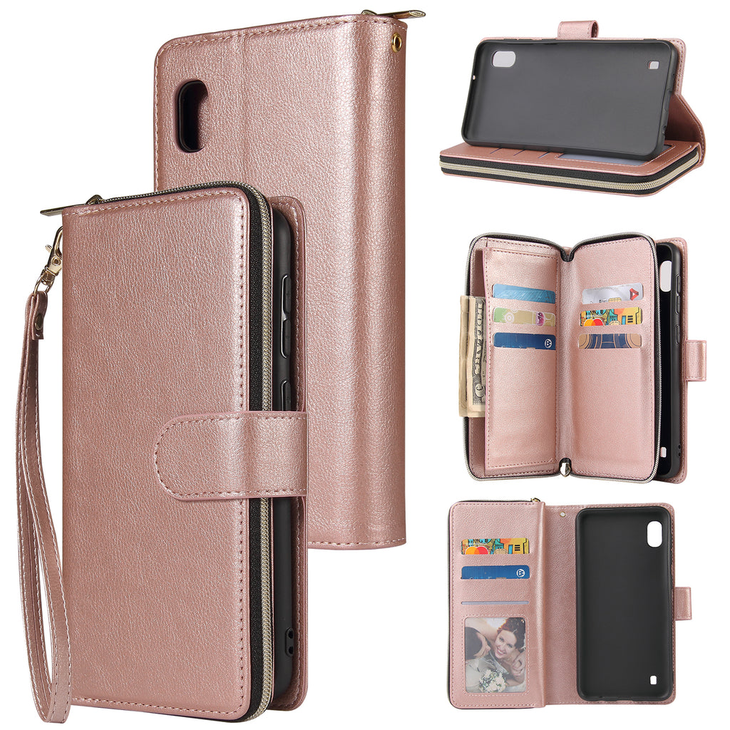 For Samsung A10/A20/A30/A50/A30S/A50S Pu Leather  Mobile Phone Cover Zipper Card Bag + Wrist Strap Rose gold
