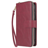 For Samsung A10/A20/A30/A50/A30S/A50S Pu Leather  Mobile Phone Cover Zipper Card Bag + Wrist Strap Red wine