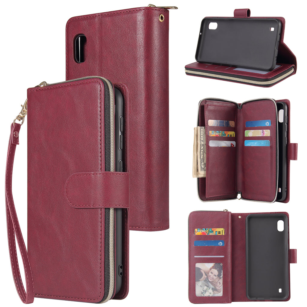 For Samsung A10/A20/A30/A50/A30S/A50S Pu Leather  Mobile Phone Cover Zipper Card Bag + Wrist Strap Red wine