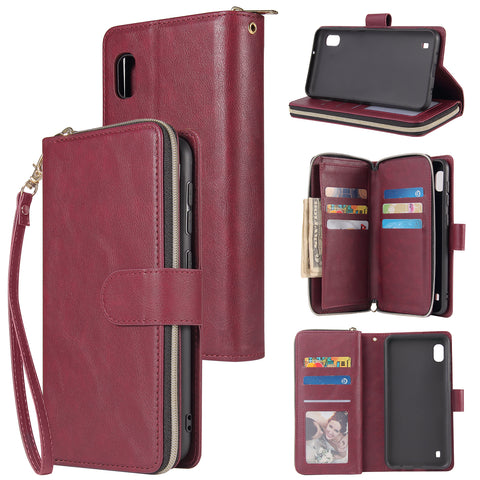For Samsung A10/A20/A30/A50/A30S/A50S Pu Leather  Mobile Phone Cover Zipper Card Bag + Wrist Strap Red wine