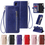 For Samsung A10 Solid Color PU Leather Zipper Wallet Double Buckle Protective Case with Stand & Lanyard blue