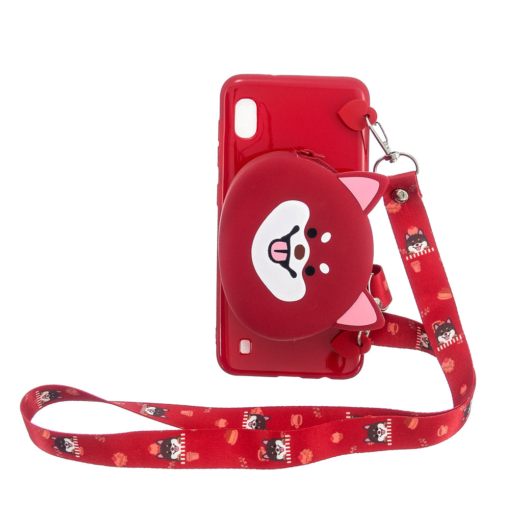 For Samsung A10/A20/A30 Case Mobile Phone Shell Shockproof TPU Cellphone Cover with Cartoon Cat Pig Panda Coin Purse Lovely Shoulder Starp  Red