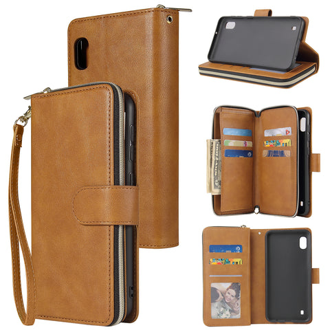 For Samsung A10/A20/A30/A50/A30S/A50S Pu Leather  Mobile Phone Cover Zipper Card Bag + Wrist Strap brown