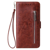 For Samsung A10 Solid Color PU Leather Zipper Wallet Double Buckle Protective Case with Stand & Lanyard brown