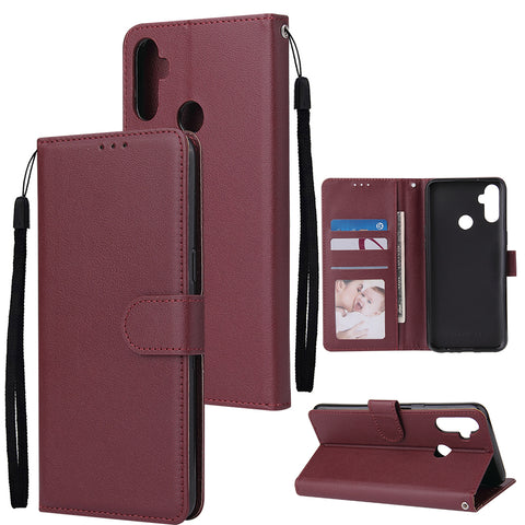 For OPPO Realme C3/Realme 6 PU Leather Mobile Phone Cover with 3 Cards Slots Phone Frame wine red