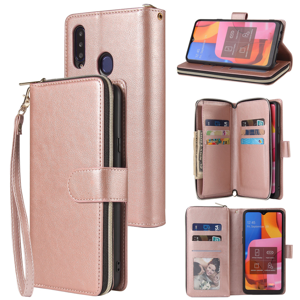 For Samsung A10/A20/A30/A50/A30S/A50S Pu Leather  Mobile Phone Cover Zipper Card Bag + Wrist Strap Rose gold