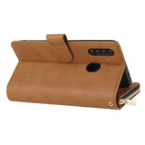 For Samsung A10/A20/A30/A50/A30S/A50S Pu Leather  Mobile Phone Cover Zipper Card Bag + Wrist Strap brown