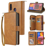 For Samsung A10/A20/A30/A50/A30S/A50S Pu Leather  Mobile Phone Cover Zipper Card Bag + Wrist Strap brown