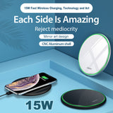 QI Wireless Charger for Apple Android 15W Fast Charging Technology Aluminum Alloy Mirror-like Shiny Ultra-thin Protable  white