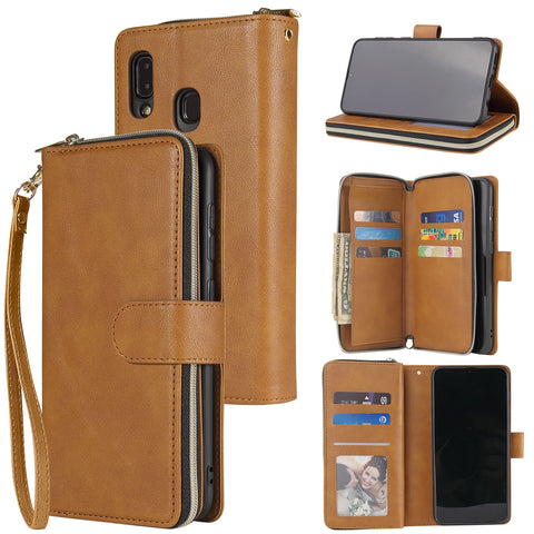 For Samsung A10/A20/A30/A50/A30S/A50S Pu Leather  Mobile Phone Cover Zipper Card Bag + Wrist Strap brown