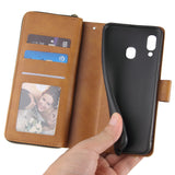 For Samsung A10/A20/A30/A50/A30S/A50S Pu Leather  Mobile Phone Cover Zipper Card Bag + Wrist Strap brown