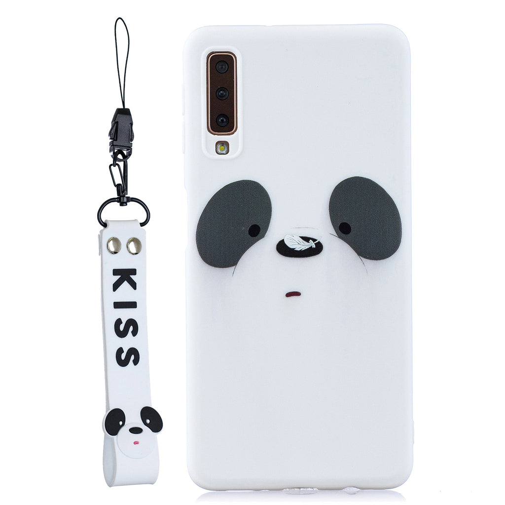 For Samsung A7 2018 Cartoon Lovely Coloured Painted Soft TPU Back Cover Non-slip Shockproof Full Protective Case with Lanyard white