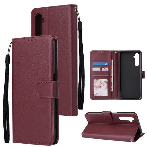 For OPPO Realme C3/Realme 6 PU Leather Mobile Phone Cover with 3 Cards Slots Phone Frame wine red