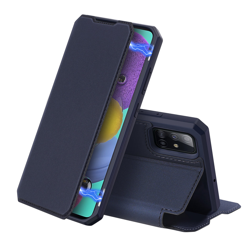 For Samsung A71 Magnetic Protective Case Bracket with Card Slot Leather Mobile Phone Cover blue