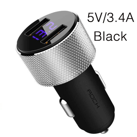 ROCK Mini Dual USB Car Charger LED Display Universal 3.4A Mobile Phone Tablet Fast Charging Usb Charger for Car 2 Usb Adapter black
