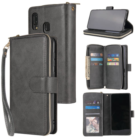 For Samsung A10/A20/A30/A50/A30S/A50S Pu Leather  Mobile Phone Cover Zipper Card Bag + Wrist Strap black