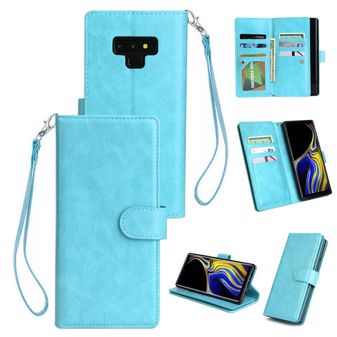 For Samsung Note 9 PU Full Protective Cover with 9 Card Slot Lanyard Bracket Buckle blue