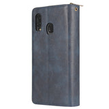 For Samsung A10/A20/A30/A50/A30S/A50S Pu Leather  Mobile Phone Cover Zipper Card Bag + Wrist Strap blue