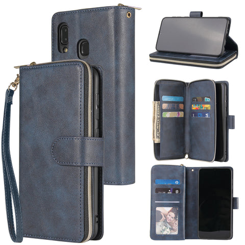For Samsung A10/A20/A30/A50/A30S/A50S Pu Leather  Mobile Phone Cover Zipper Card Bag + Wrist Strap blue