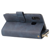 For Samsung A10/A20/A30/A50/A30S/A50S Pu Leather  Mobile Phone Cover Zipper Card Bag + Wrist Strap blue