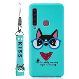 For Samsung A9 2018 Cartoon Lovely Coloured Painted Soft TPU Back Cover Non-slip Shockproof Full Protective Case with Lanyard Light blue