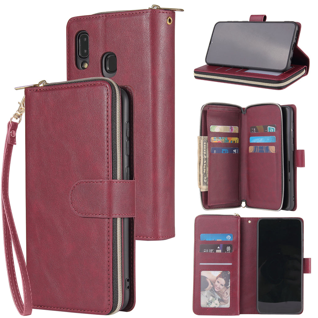 For Samsung A10/A20/A30/A50/A30S/A50S Pu Leather  Mobile Phone Cover Zipper Card Bag + Wrist Strap Red wine