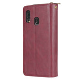 For Samsung A10/A20/A30/A50/A30S/A50S Pu Leather  Mobile Phone Cover Zipper Card Bag + Wrist Strap Red wine