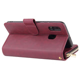 For Samsung A10/A20/A30/A50/A30S/A50S Pu Leather  Mobile Phone Cover Zipper Card Bag + Wrist Strap Red wine