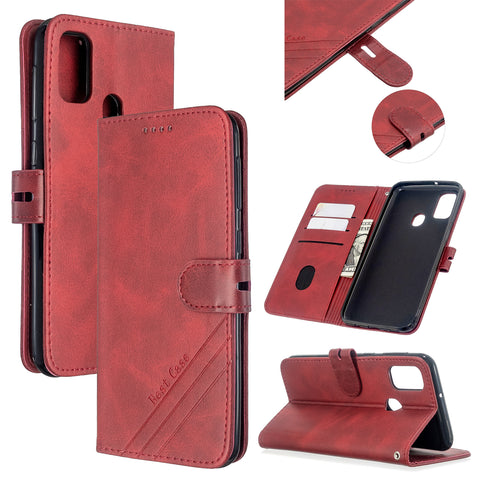 For Samsung A51/A71/M30S Case Soft Leather Cover with Denim Texture Precise Cutouts Wallet Design Buckle Closure Smartphone Shell  red