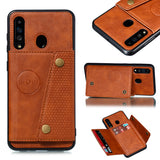 For Samsung A60 Double Buckle Non-slip Shockproof Cell Phone Case with Card Slot Bracket Light Brown