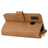 For Samsung A10/A20/A30/A50/A30S/A50S Pu Leather  Mobile Phone Cover Zipper Card Bag + Wrist Strap brown