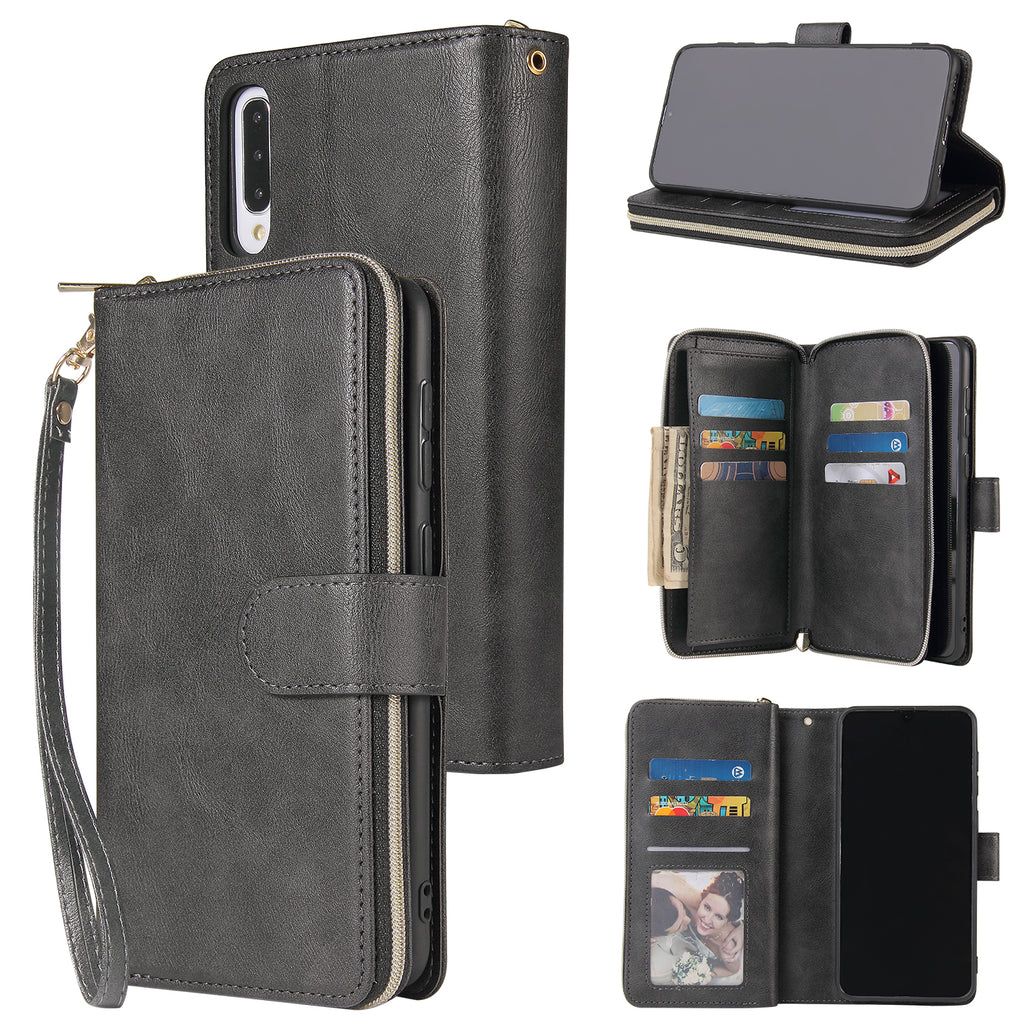 For Samsung A10/A20/A30/A50/A30S/A50S Pu Leather  Mobile Phone Cover Zipper Card Bag + Wrist Strap black