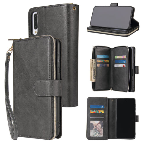 For Samsung A10/A20/A30/A50/A30S/A50S Pu Leather  Mobile Phone Cover Zipper Card Bag + Wrist Strap black