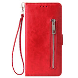 For Samsung A7 2018-A750 Solid Color PU Leather Zipper Wallet Double Buckle Protective Case with Stand & Lanyard red