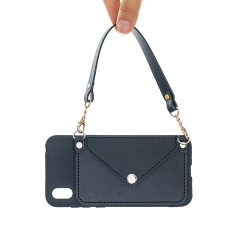 For HUAWEI Y5 2018/2019/Y6 2019/Y7 2019/PSMART Z/Y9 2019 Mobile Phone Cover with Pu Card Holder + Hand Rope + Straddle Rope black