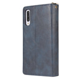 For Samsung A10/A20/A30/A50/A30S/A50S Pu Leather  Mobile Phone Cover Zipper Card Bag + Wrist Strap blue