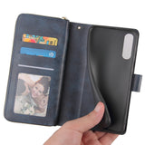 For Samsung A10/A20/A30/A50/A30S/A50S Pu Leather  Mobile Phone Cover Zipper Card Bag + Wrist Strap blue
