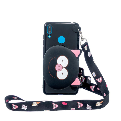 For HUAWEI Y6/Y7 Prime 2019 Cellphone Case Mobile Phone Shell Shockproof TPU Cover with Cartoon Cat Pig Panda Coin Purse Lovely Shoulder Starp  Black
