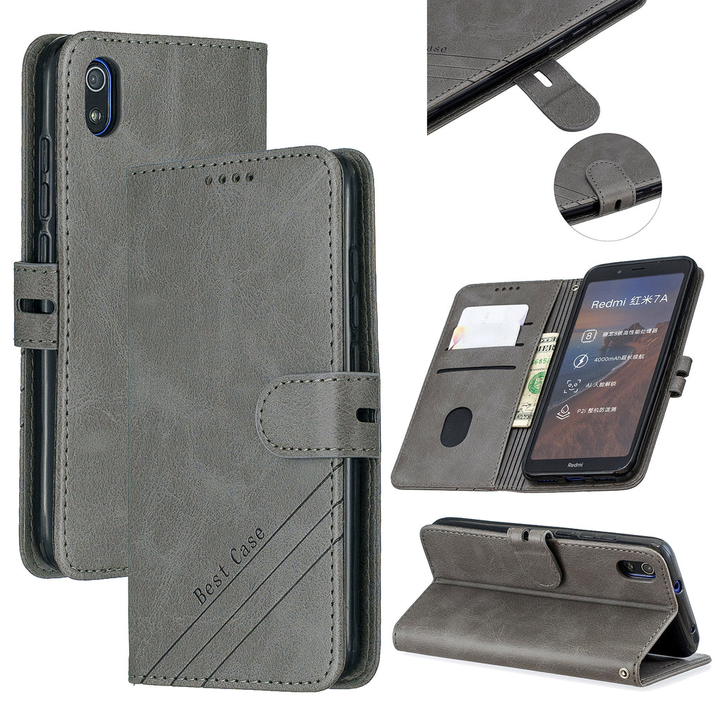 For Redmi 7A Denim Pattern Solid Color Flip Wallet PU Leather Protective Phone Case with Buckle & Bracket gray