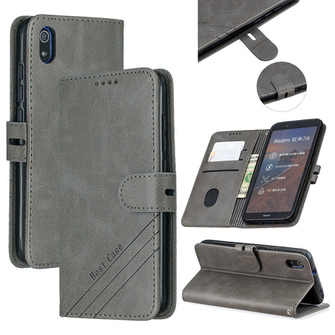 For Redmi 7A Denim Pattern Solid Color Flip Wallet PU Leather Protective Phone Case with Buckle & Bracket gray