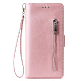 For Samsung A7 2018-A750 Solid Color PU Leather Zipper Wallet Double Buckle Protective Case with Stand & Lanyard Rose gold