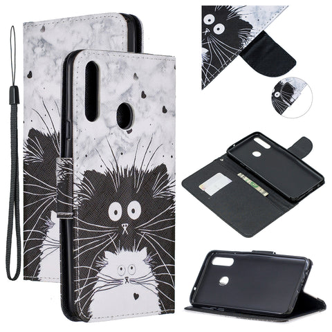 For Samsung A10S/A20S Smartphone Case PU Leather Phone Shell Lovely Cartoon Pattern Card Slots Overall Protection Black white cat