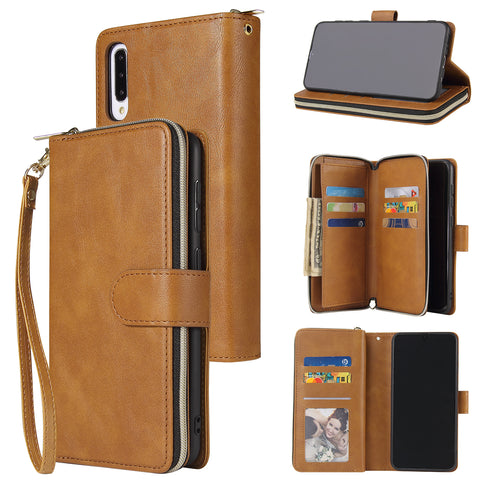 For Samsung A10/A20/A30/A50/A30S/A50S Pu Leather  Mobile Phone Cover Zipper Card Bag + Wrist Strap brown