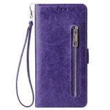 For Samsung A7 2018-A750 Solid Color PU Leather Zipper Wallet Double Buckle Protective Case with Stand & Lanyard purple