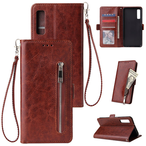 For Samsung A7 2018-A750 Solid Color PU Leather Zipper Wallet Double Buckle Protective Case with Stand & Lanyard brown