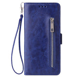 For Samsung A7 2018-A750 Solid Color PU Leather Zipper Wallet Double Buckle Protective Case with Stand & Lanyard blue
