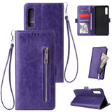For Samsung A7 2018-A750 Solid Color PU Leather Zipper Wallet Double Buckle Protective Case with Stand & Lanyard purple