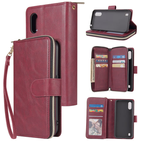 For Samsung A01/A21/A31/A41/A51 Pu Leather  Mobile Phone Cover Zipper Card Bag + Wrist Strap Red wine