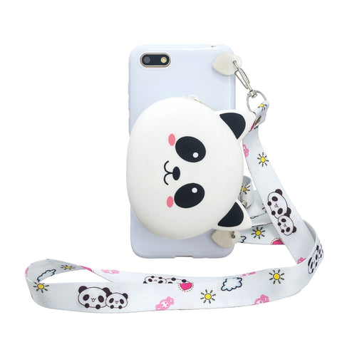 For HUAWEI Y5 2018/Y5 2019 Cellphone Case Mobile Phone Shell Shockproof TPU Cover with Cartoon Cat Pig Panda Coin Purse Lovely Shoulder Starp  White
