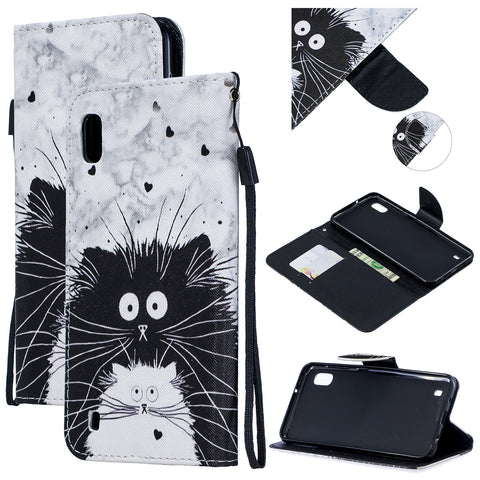 For Samsung A10/A20/A30 Smartphone Case PU Leather Wallet Design Cellphone Cover with Card Holder Stand Available Black white cat